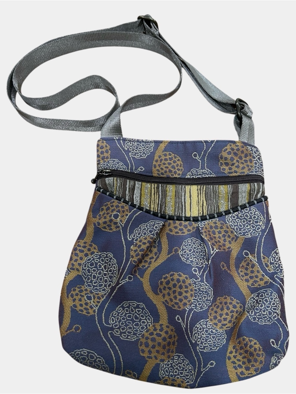 Maruca Gray & Gold Tapestry Crossbody Bag, Adjustable Strap, Handmade in USA